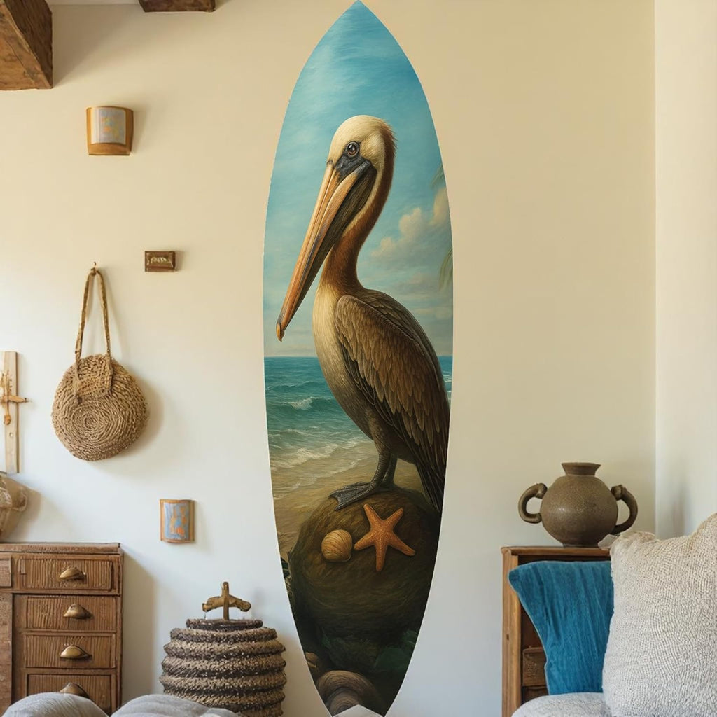 JennyGems Pelican Surfboard Wall Art Coastal Bird Decor, Ocean Themed Surfboard Sign, Indoor Outdoor PVC, Beach House Nautical Wall Hanging