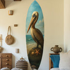 JennyGems Pelican Surfboard Wall Art Coastal Bird Decor, Ocean Themed Surfboard Sign, Indoor Outdoor PVC, Beach House Nautical Wall Hanging