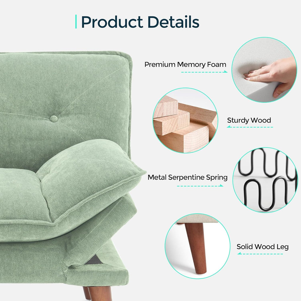 LINSY HOME Futon Sofa Bed, 70" Chenille Futon Couch with Adjustable Backrest Armrest, 3 in 1 Convertible Comfy Loveseat Sleeper Sofa Bed for Small Spaces Dorm Room Apartment Home Office, Light Green