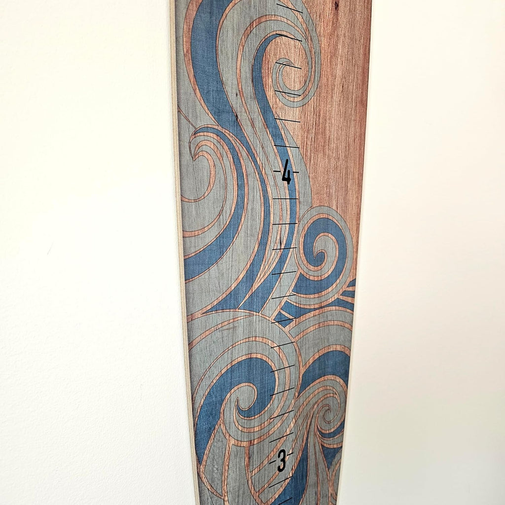 HEADWATERS STUDIO Wooden Surfboard Wall Decor Growth Chart - Surf Board Wall Decor for Kids Room, Wooden Growth Chart for Wall, Surfboard Wall Art, Surfboards for Decoration - Blue Wave (9.5"x 45")