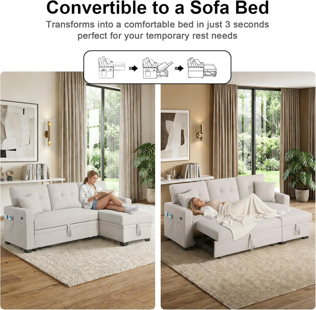 82" L Shaped Sleeper Sofa Bed: Sectional Sleeper Couch with Pull Out Bed, Storage Chaise, USB Charging, 3 Seat Sectional Sofa Bed with Throw Pillow for Living Room (Linen Fabric, Beige)