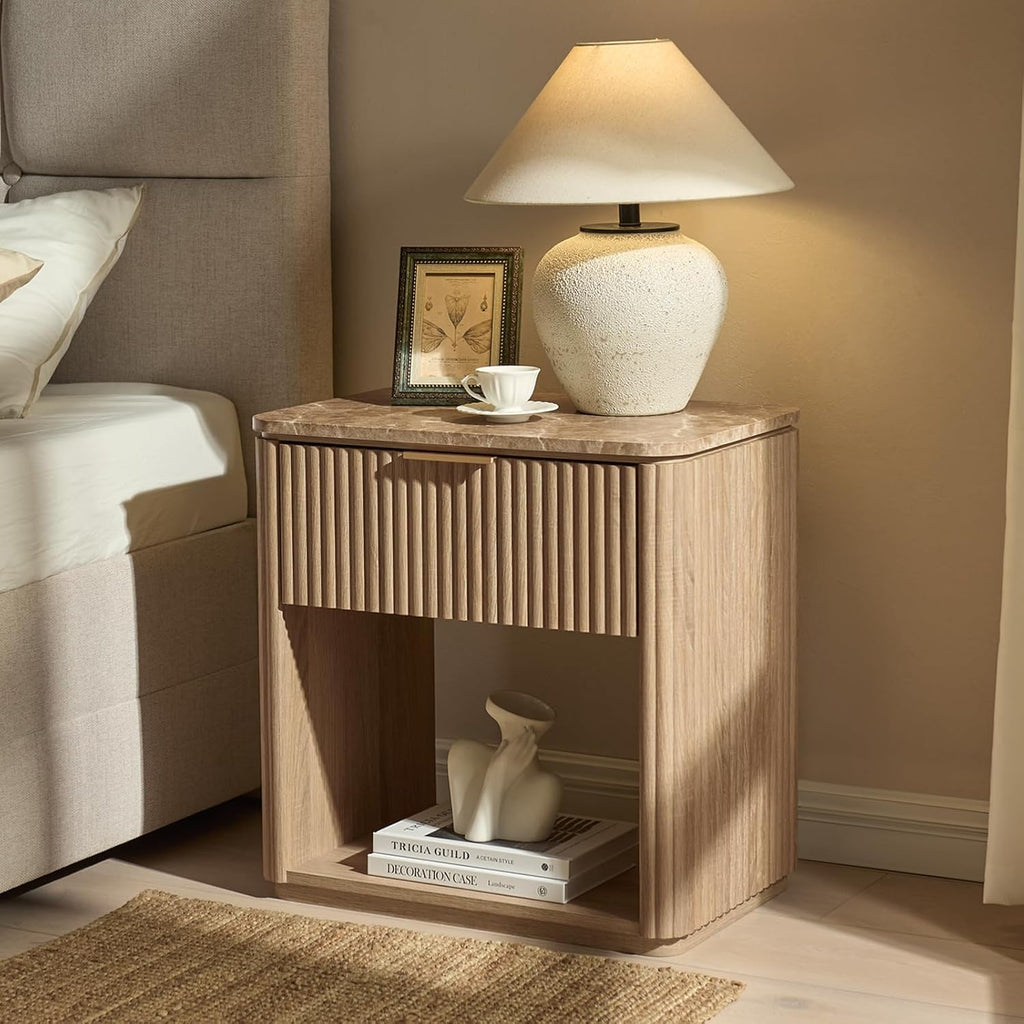 Fluted Nightstand Set of 2, Bedside Table with Faux Marble-Top, Engineered Wood Side Table with Drawer Open Shelf, Curved Corners, Modern Night Stand for Bedroom, Small Spaces, Natural Oak