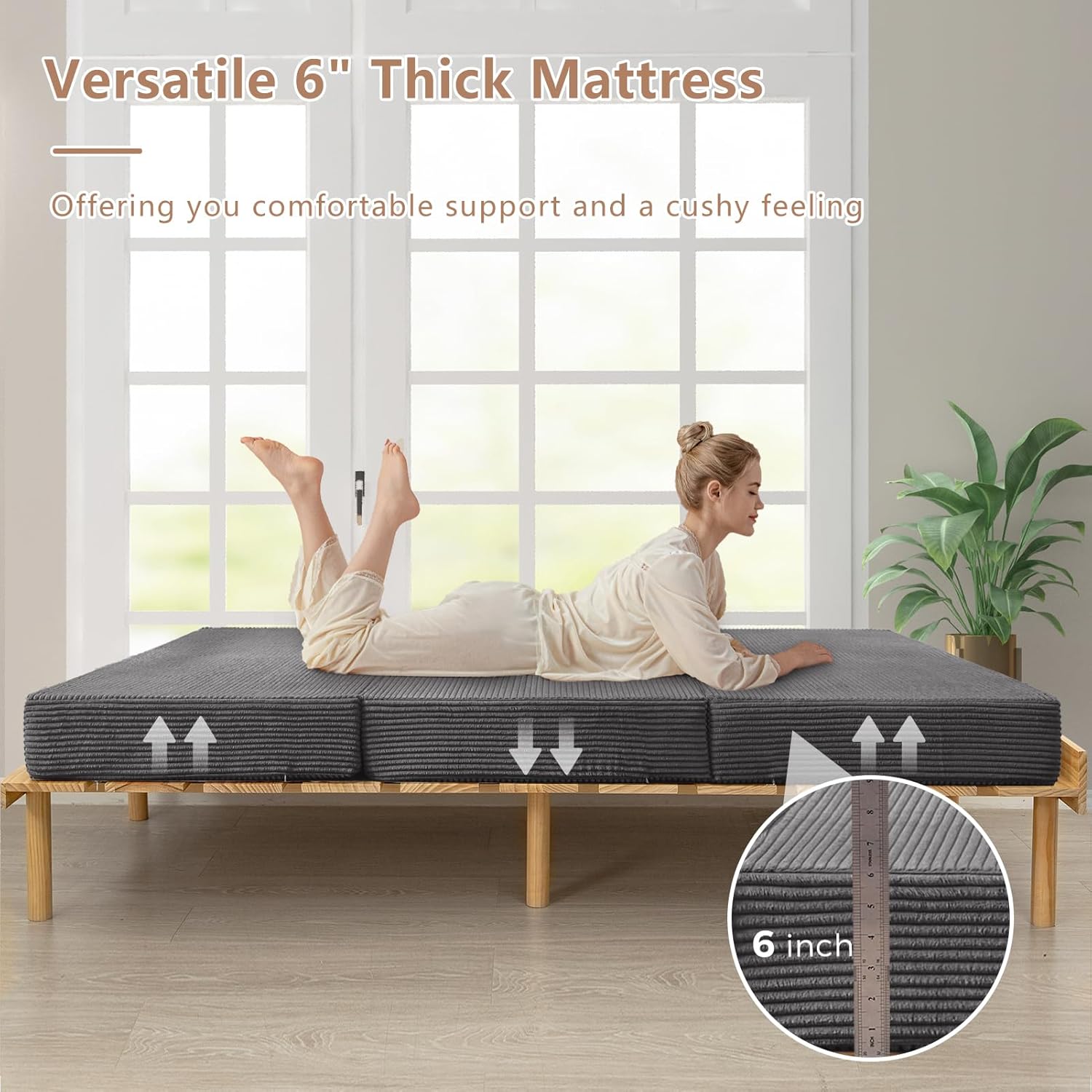 BYBYME Corduroy Tri-Folding Mattress, 6 Inch Gel Folding Mattress Topper, Foldable Soft Guest Bed Camping Pad, Washable Cover (Dark Gray, Full)