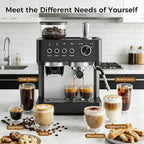 Kismile 20-Bar Espresso Coffee Machine with Built-in Grinder,Fast Heating System, Powerful Steam Wand for Silky Milk Foam, Large Removable Water Tank & Hot Water Function, Black