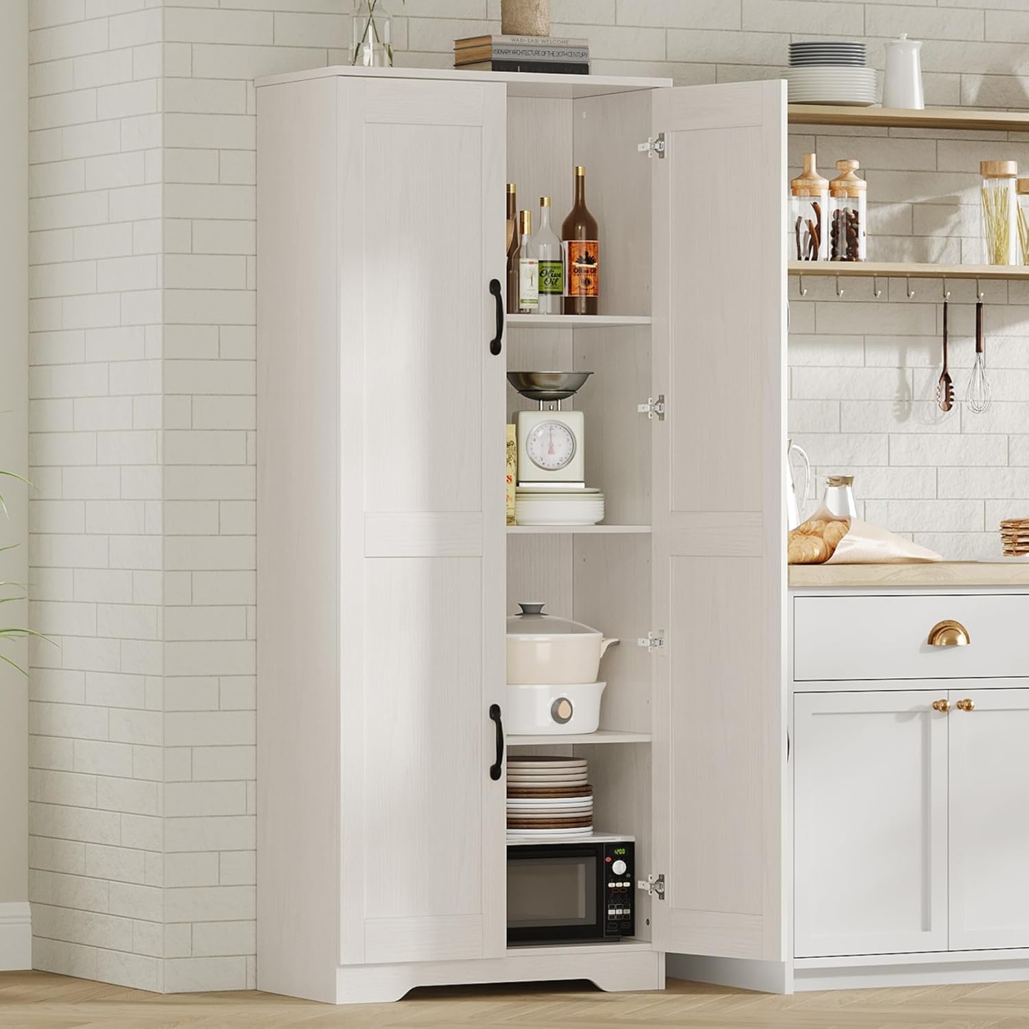 IDEALHOUSE Tall Pantry Cabinet, 60" Kitchen Pantry Storage Cabinet with 2 Doors and Adjustable Shelves, Freestanding Kitchen Cabinet, Cupboard for Dining Room, Bathroom (White)
