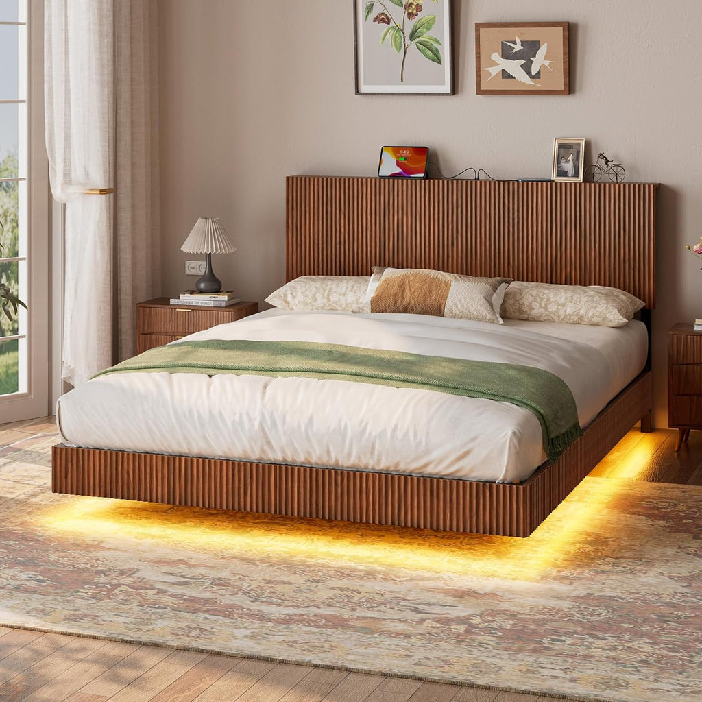 Evermagin Walnut Queen Floating Bed Frame with Headboard, Mid Century Modern Fluted Platform Bed with LED Lights, Heavy Duty Floating Bedframe with Charging Station, No Box Spring Needed