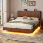 Evermagin Walnut Queen Floating Bed Frame with Headboard, Mid Century Modern Fluted Platform Bed with LED Lights, Heavy Duty Floating Bedframe with Charging Station, No Box Spring Needed