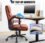 Primy Office Chair, Ergonomic Leather Desk Chair with Flip-up Armrests, Big and Tall High Back Executive Computer & Gaming Chair with Footrest, Comfy Padded, Rocking Function and Lumbar Support(Brown)