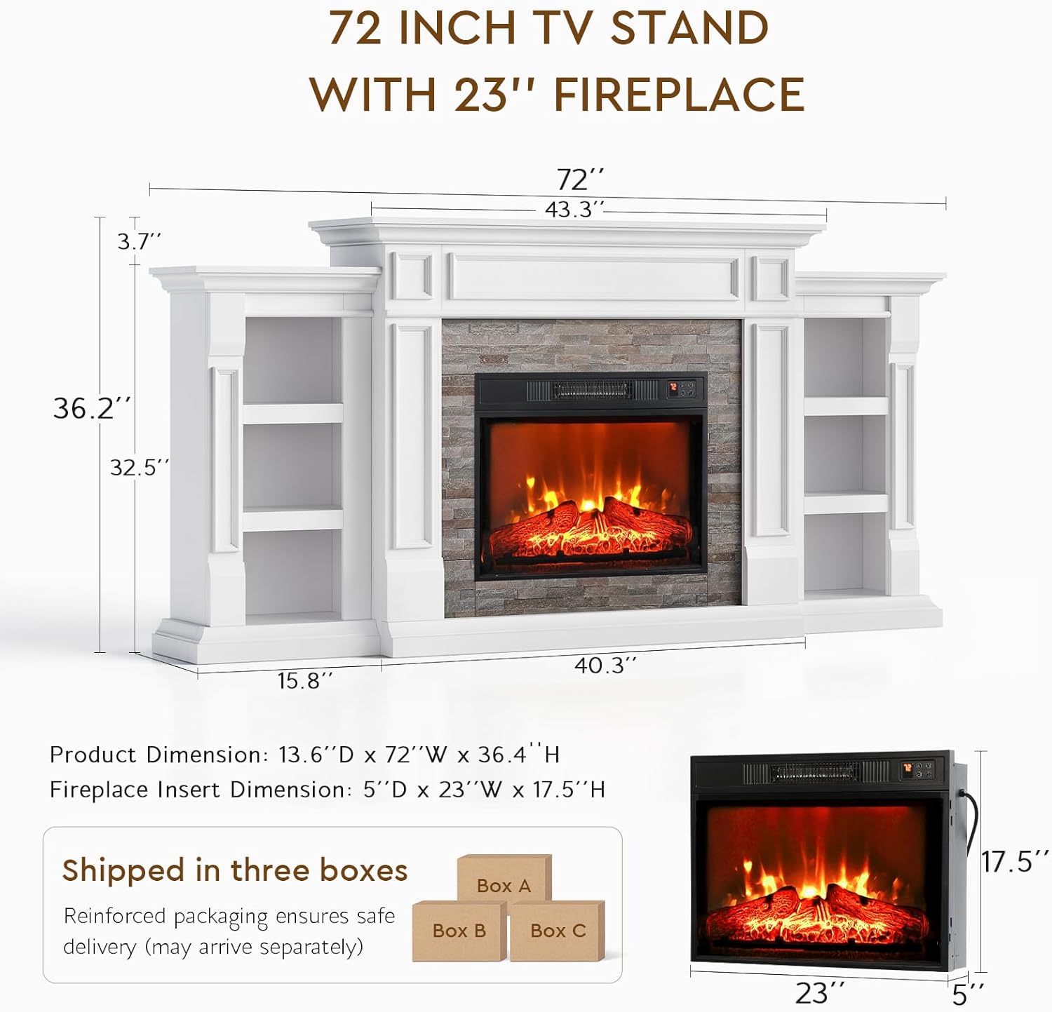 LGHM 72" Electric Fireplace with Mantel, Fireplace TV Stand for TVs Up to 80 Inch, Modern Entertainment Center with Storage, Fireplace Heater Insert with Realistic 3D Flame for Living Room, Bedroom