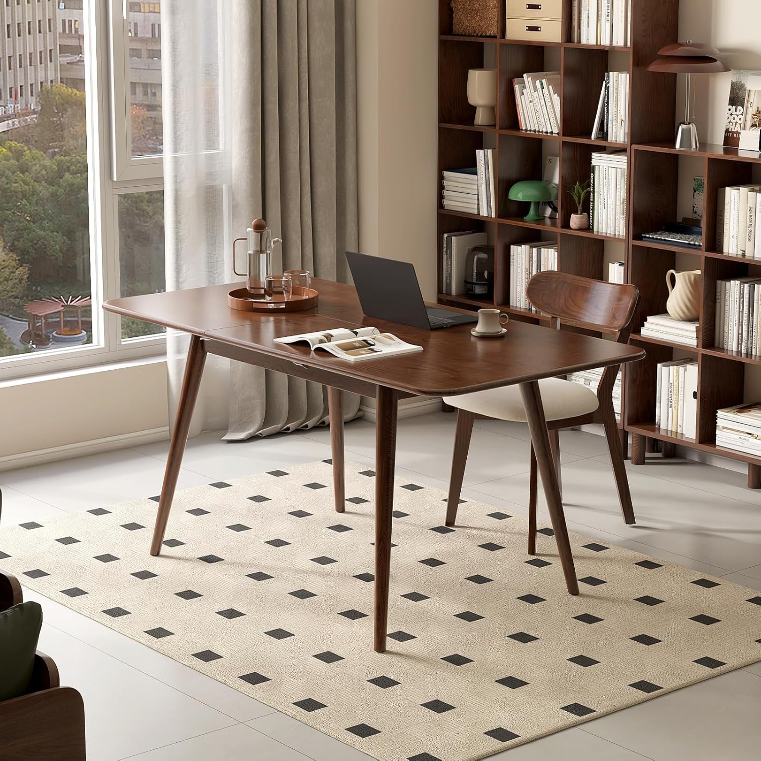 47''-63'' 100% Oak Extendable Dining Table, Solid Wood Folding Kitchen Table, Mid Century Modern Dinner Table for Kitchen, Apartment, Living Room (47''-63'' Walnut)