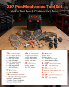 VEVOR Mechanics Tool Set, 297-Piece Mechanic Tool Kit, 1/4 in, 3/8 in, and 1/2 in Drive, SAE and Metric Socket Set, Wrenches, Screwdriver Bits, Accessories, and Storage Case, for Automotive Repair