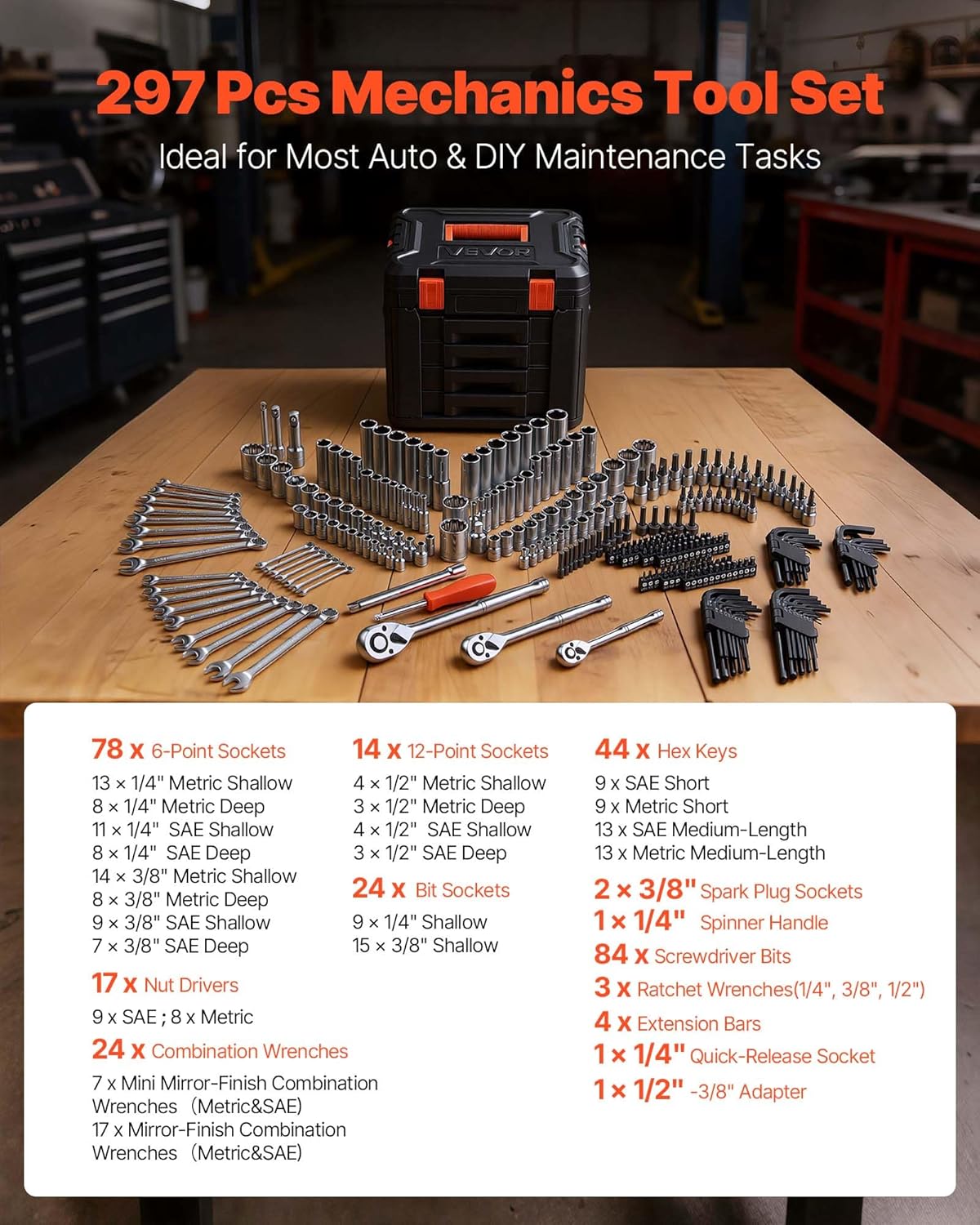 VEVOR Mechanics Tool Set, 297-Piece Mechanic Tool Kit, 1/4 in, 3/8 in, and 1/2 in Drive, SAE and Metric Socket Set, Wrenches, Screwdriver Bits, Accessories, and Storage Case, for Automotive Repair