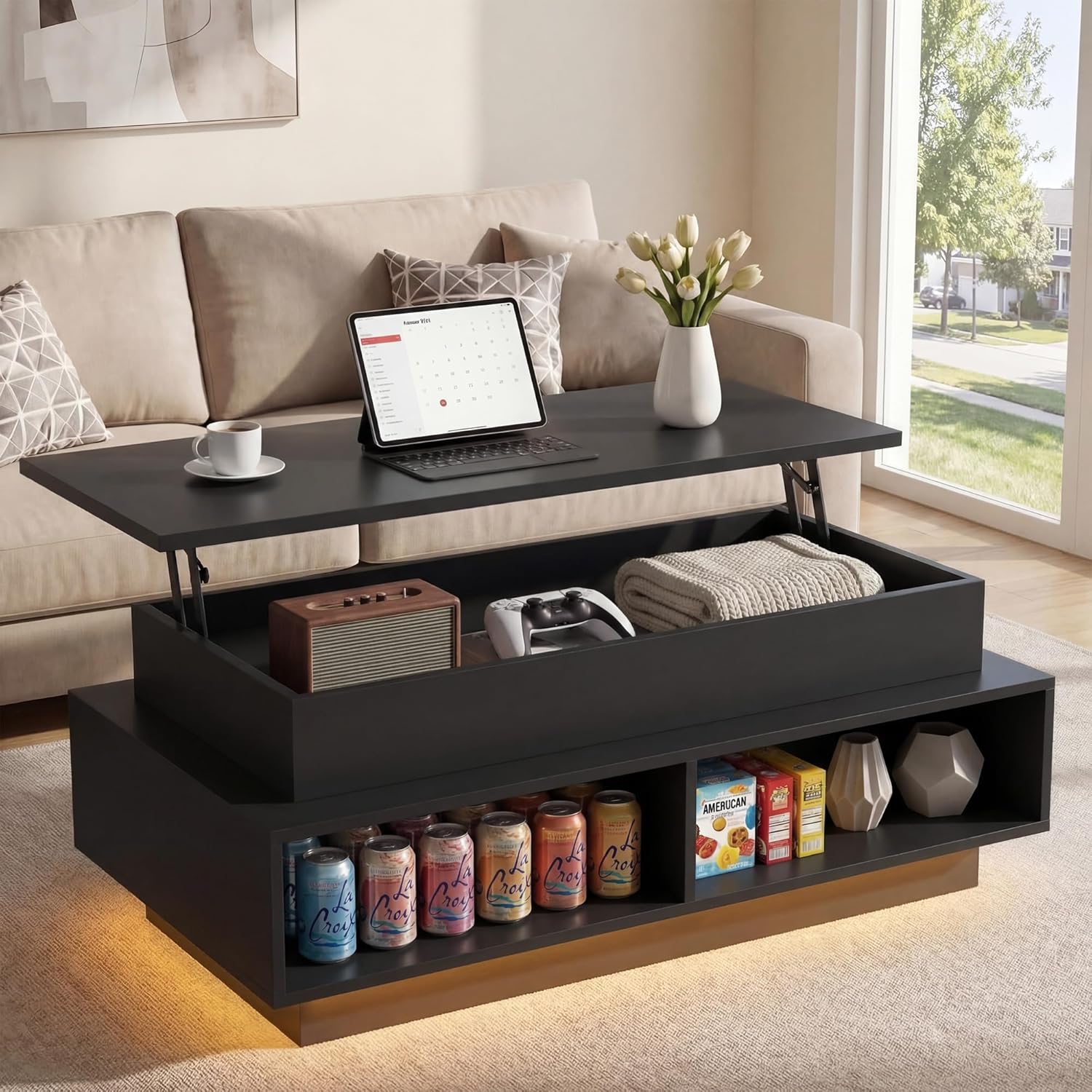 YESHOMY 40" Lift Top Coffee Table with Hidden Storage & Multi-Color LED Lights, Modern Square Wood Table with 4 Open Shelves for Living Room and Small Space, Black
