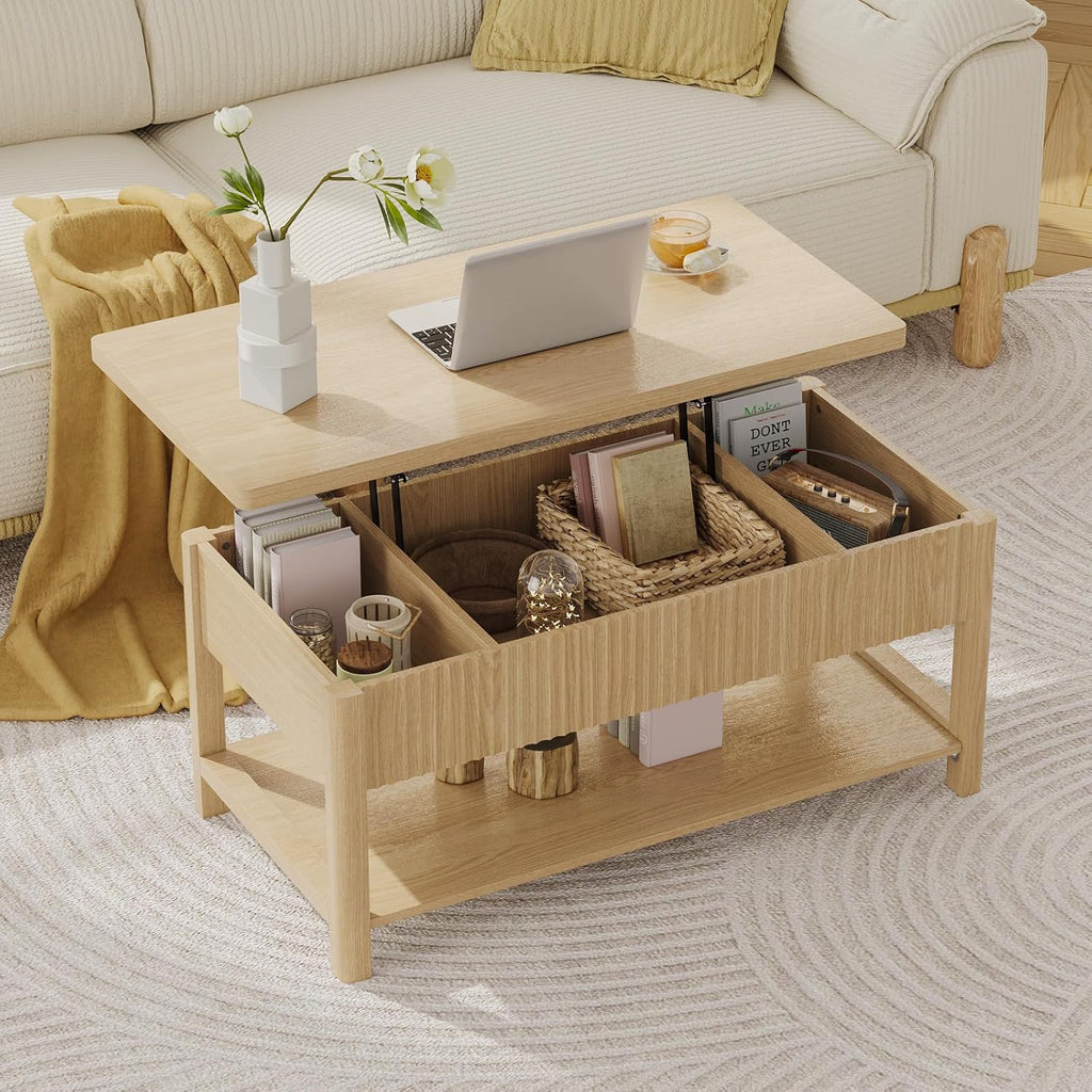 Lift Top Coffee Table with Storage for Living Room, 2-in-1 Modern Center Table & Desk with Hidden Storage Compartment & Open Shelf, Space Saving for Small Space & Apartment (Oak)