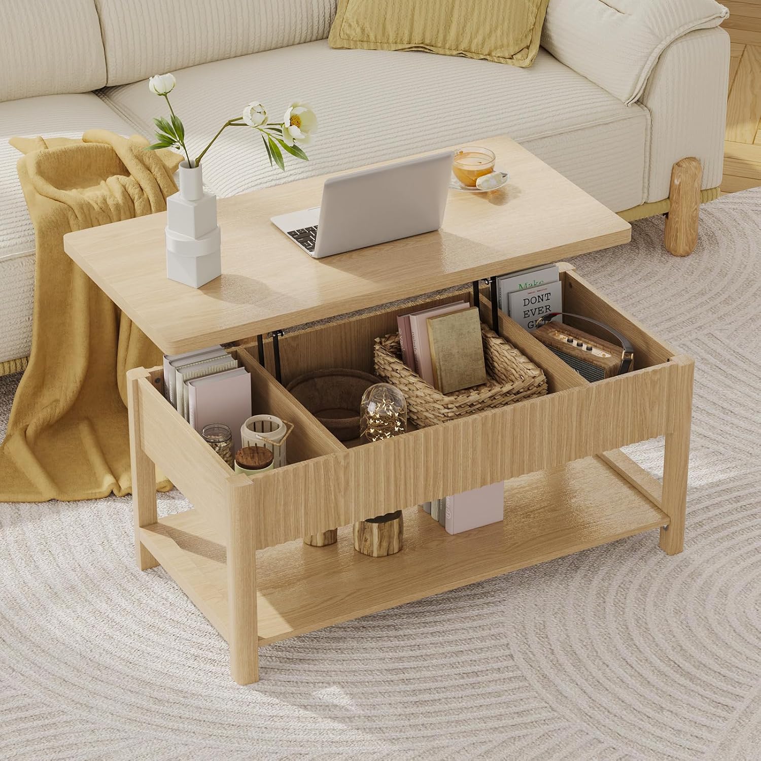 Lift Top Coffee Table with Storage for Living Room, 2-in-1 Modern Center Table & Desk with Hidden Storage Compartment & Open Shelf, Space Saving for Small Space & Apartment (Oak)