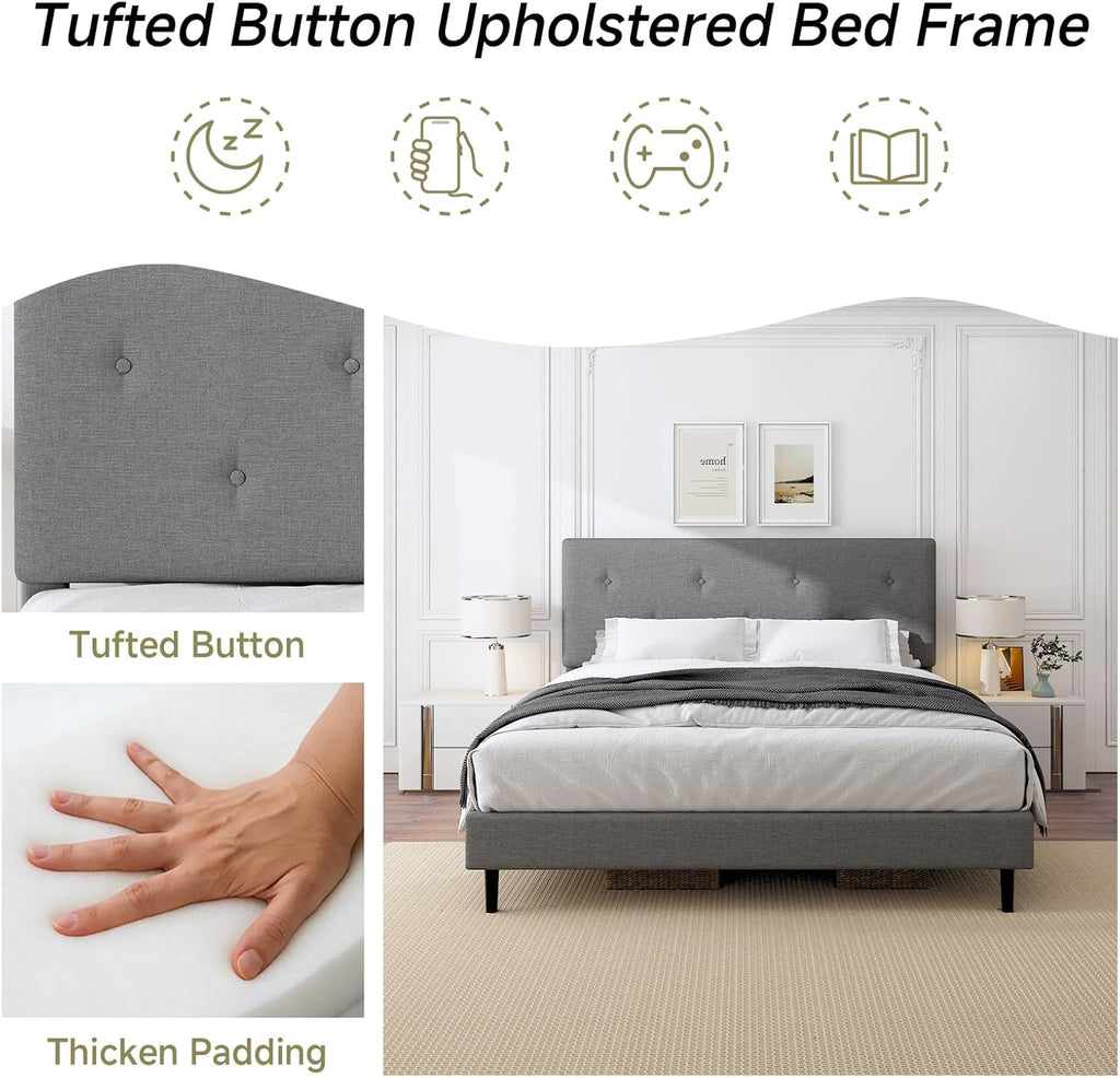 King Size Linen Bed Frame, Upholstered Platform Bed Frame with Adjustable Headboard, Wooden Slats Support, No Box Spring Needed, Easy Assembly, Grey