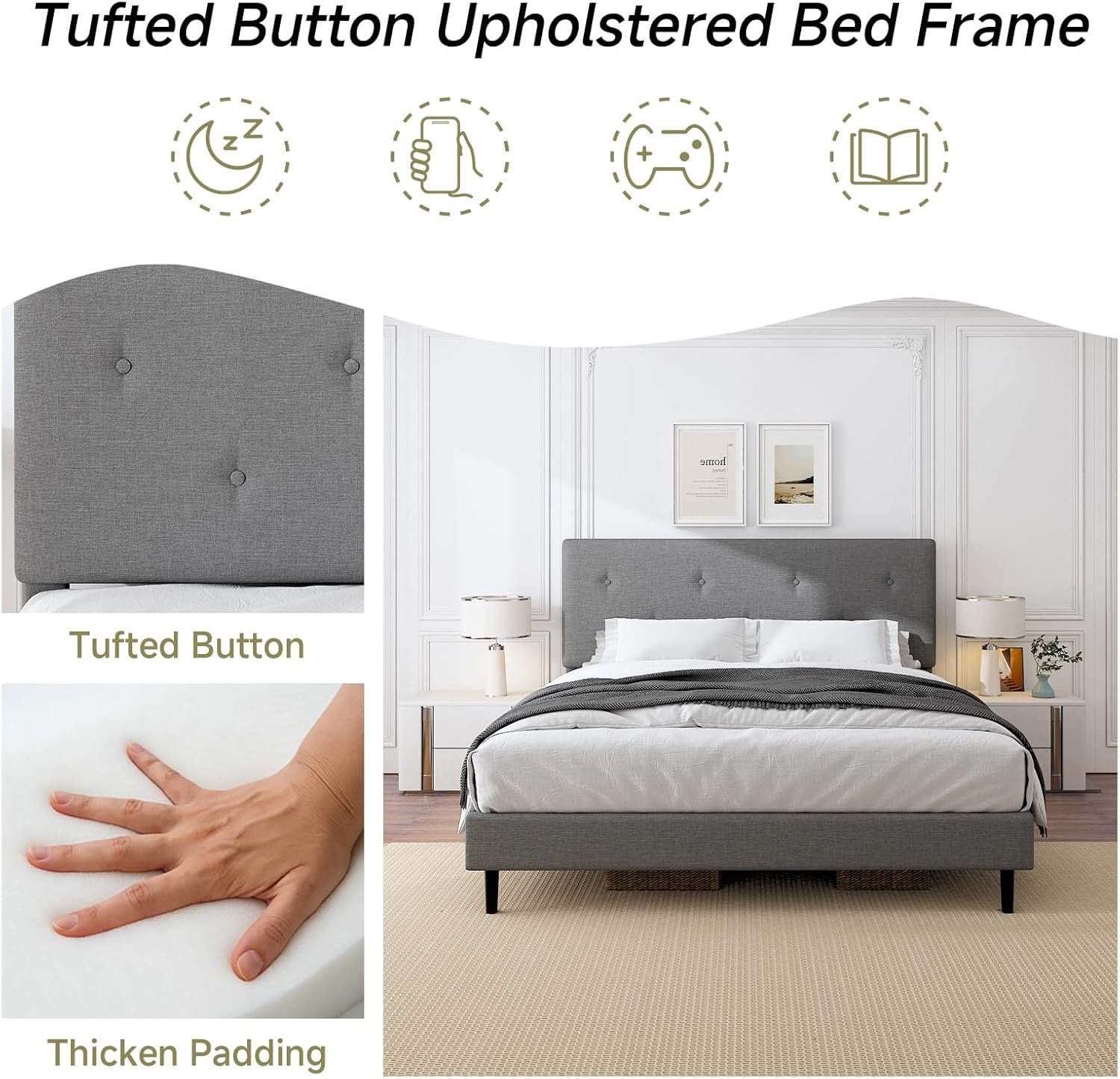 King Size Linen Bed Frame, Upholstered Platform Bed Frame with Adjustable Headboard, Wooden Slats Support, No Box Spring Needed, Easy Assembly, Grey