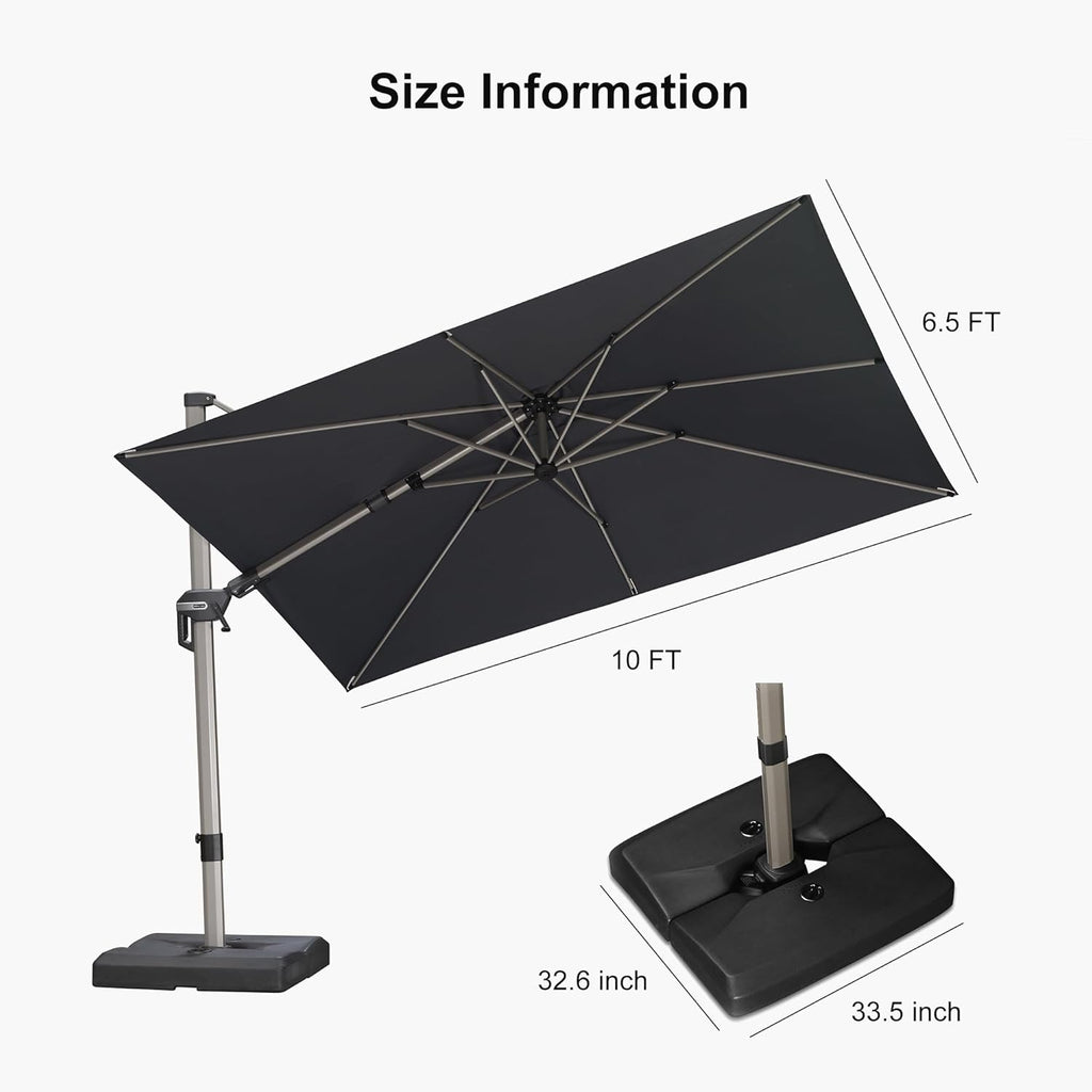 PURPLE LEAF 10' X 6.5' Left-right Tilting Patio Umbrella with Base Outdoor Swivel Cantilever Offset Aluminum Umbrella with Champagne Frame and 360-degree Rotation for Garden Deck Pool, Grey