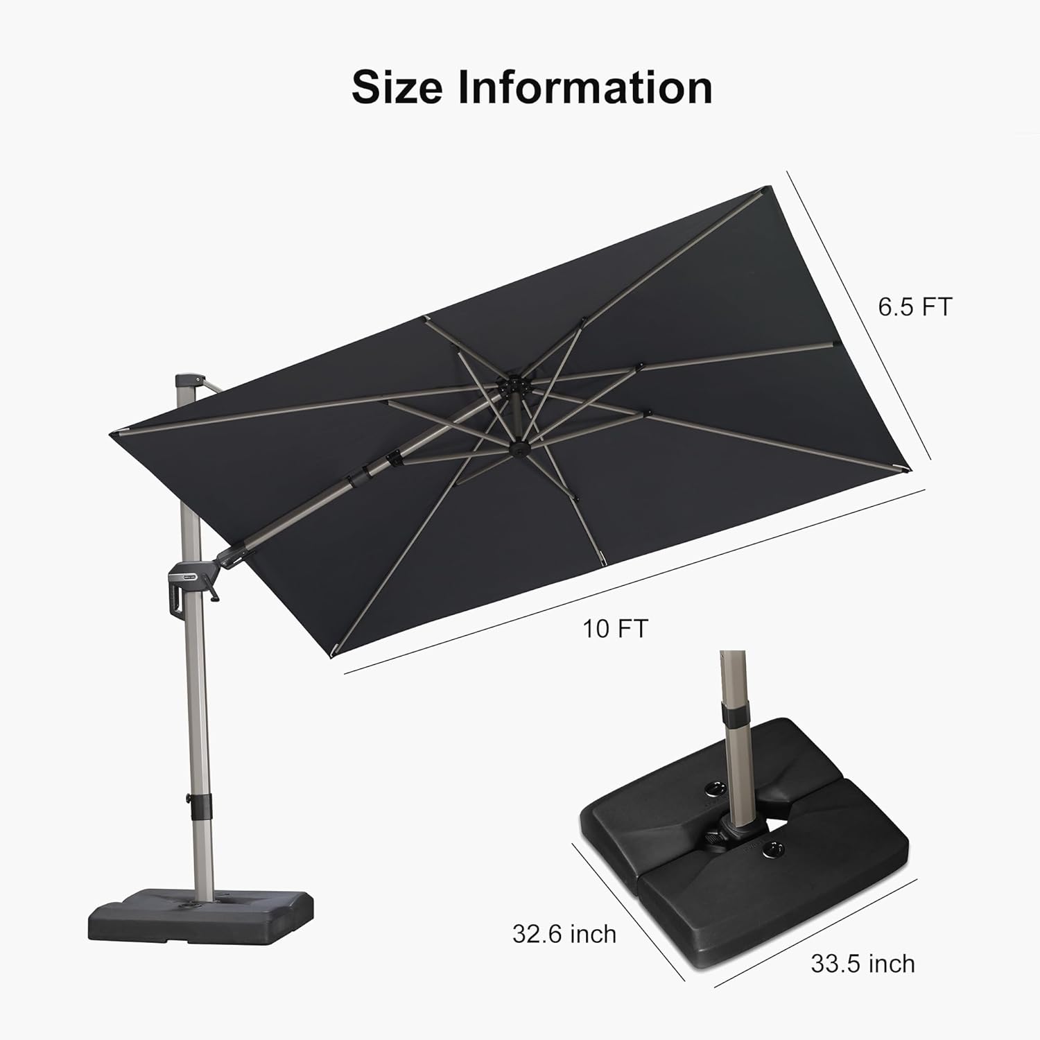 PURPLE LEAF 10' X 6.5' Left-right Tilting Patio Umbrella with Base Outdoor Swivel Cantilever Offset Aluminum Umbrella with Champagne Frame and 360-degree Rotation for Garden Deck Pool, Grey
