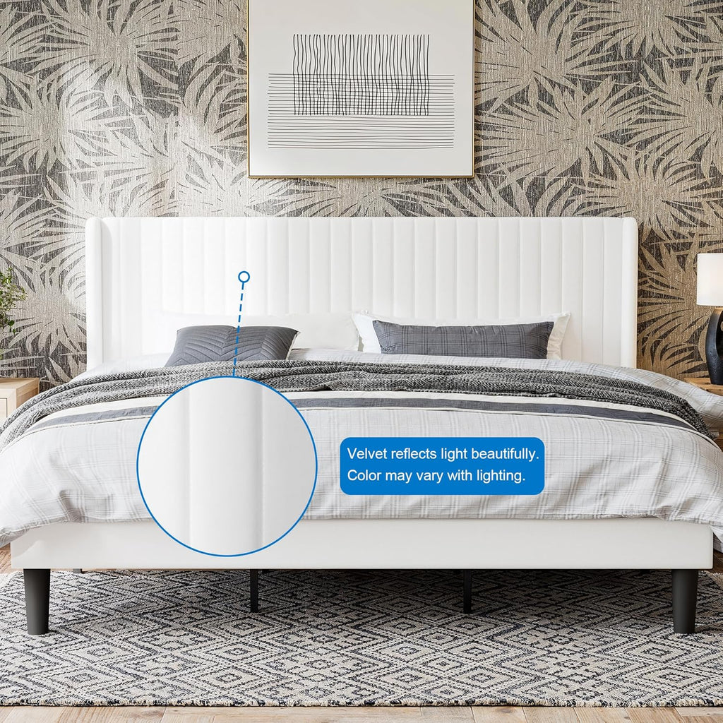 GOLDORO King Size Platform Bed Frame, Velvet Upholstered, Vertical Channel Tufted Wingback Headboard, Wooden Slats Support, No Box Spring Needed, Easy Assembly, White