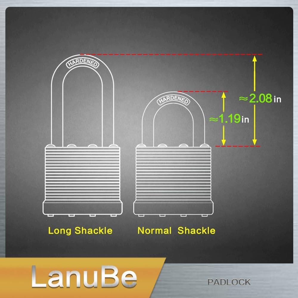 LanuBe Lock Laminated keyed Padlock (1-9/16"  40mm)  keyed Alike Locks  Long Shackle Marked Black Plastic Hoop  Pack of 100