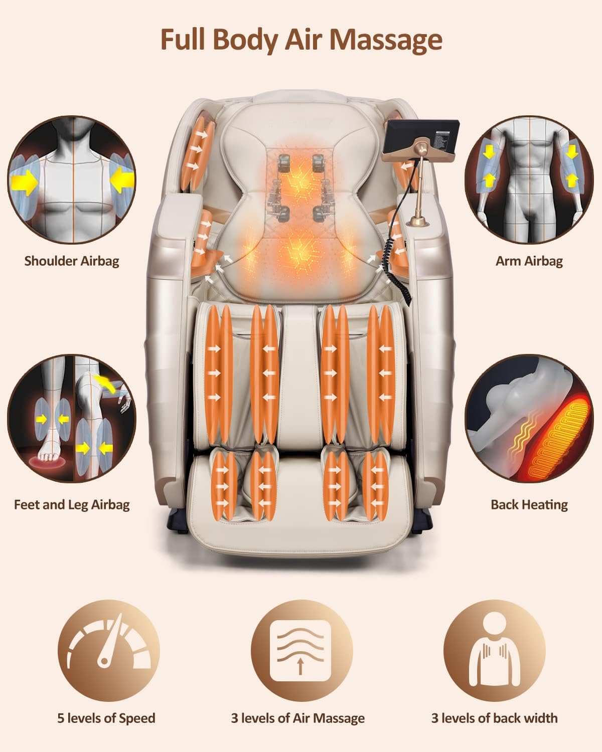 RELX Massage Chair Full Body, 15 Modes Zero Gravity SL-Track Shiatsu Massage Chair Built-in Heat System, Airbag Massage with Body Scan, Deep Yoga Stretch, Calfrest Extension and AI Control(Cream)