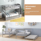 KOTEK Twin Over Twin Bunk Bed with Trundle and Stairs, Solid Wood Bunk Bed Frame with Storage Shelf, Bunk Beds Detachable into 2 Platform Beds for Kids Teens Adults (Grey)
