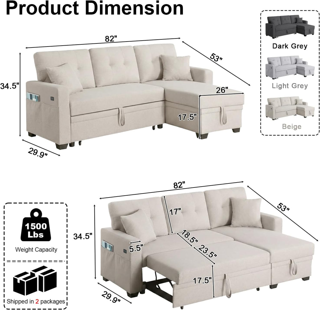 82" L Shaped Sleeper Sofa Bed: Sectional Sleeper Couch with Pull Out Bed, Storage Chaise, USB Charging, 3 Seat Sectional Sofa Bed with Throw Pillow for Living Room (Linen Fabric, Beige)