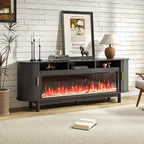 70 Inch Modern Fireplace TV Stand for TVs up to 80 inches, Mid Century TV Console with Solid Wood Legs, Sliding Doors & Curved Design,Media Console for Living Room, Black