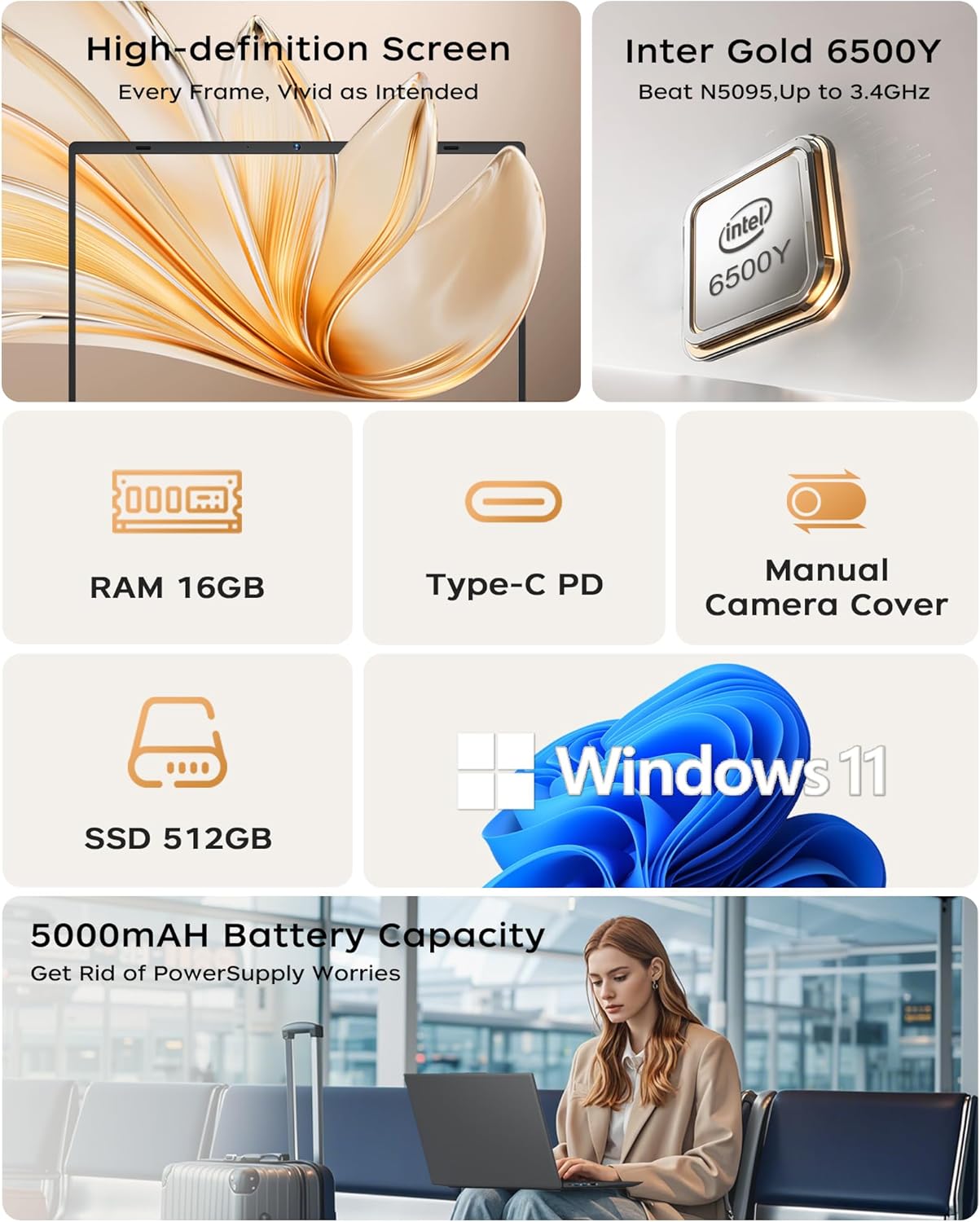 15.6" Laptop Computer  Laptop with 16GB RAM 512B SSD  Gold 6500Y (Up to 3.4GHz)  1080P FHD IPS Display  Type-C  HDMI  USB3.2  WIFI  Bluetooth  Long Battery Life  Laptops for Business & Student