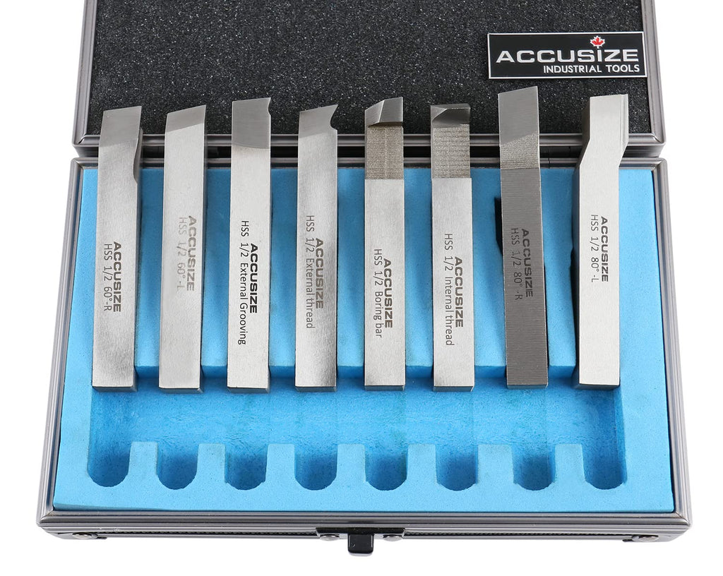 Accusize Industrial Tools 1/2'' 8 Pcs Hss Tool Bit Set, Pre-Ground for Turning and Facing Work, 2662-2004