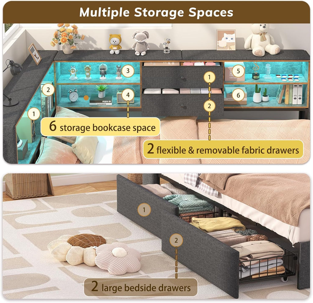 Twin Corner Bed Frame with Storage Bookcase and 4 Drawers, Upholstered Daybed Twin Size with Charging Station & LED Lights, L-Shape Twin Size Bed Frames Metal Platform Bed for Kids Teenagers, Oak Grey