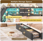 Twin Corner Bed Frame with Storage Bookcase and 4 Drawers, Upholstered Daybed Twin Size with Charging Station & LED Lights, L-Shape Twin Size Bed Frames Metal Platform Bed for Kids Teenagers, Oak Grey