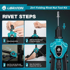 LIBRATON 2in1 Rivet Nut Tool and Rivet Gun Kit Folding, with 11 Mandrels (Metric & SAE) & 5 Nose Pieces (2.4-6.4mm), Includes 100 Nuts & 200 Pop Rivets, Folding Heavy Duty Hand Tool for DIY & Repair