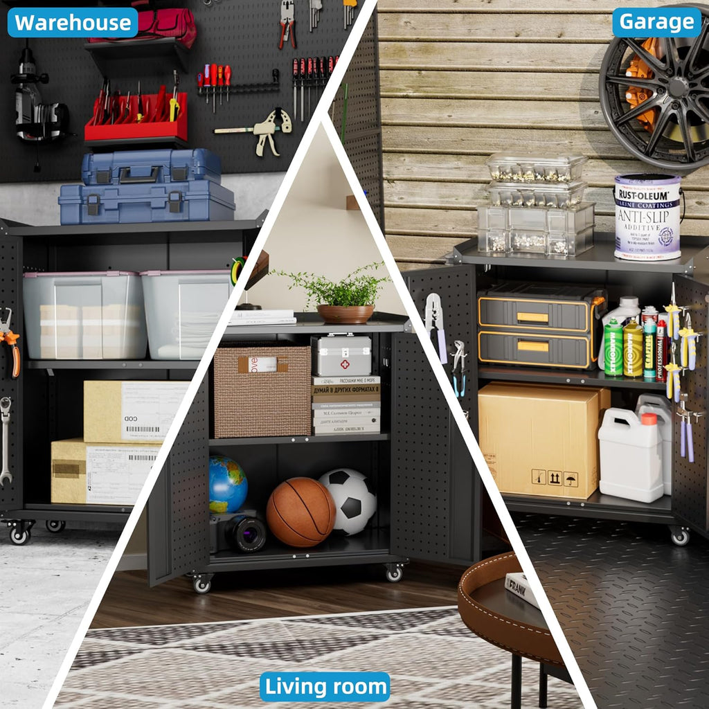 SUXXAN Storage Cabinet with Wheels and Pegboard, Rolling Garage Storage Cabinet with Locking Doors and Adjustable Shelf, Heavy Duty Steel Utility Cabinet for Home Office, Assembly Required