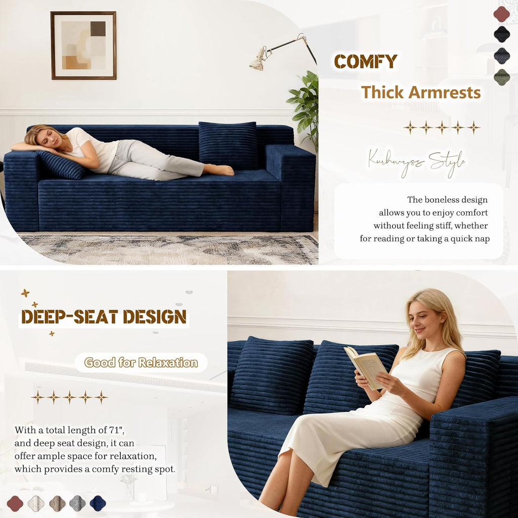 Kurhwyss 71" Corduroy Living Room Sofa, 3 Setaser Deep Seat Couch with 3 Lumbar Pillows, Comfy Boneless Sofa Modern Compressed Couch for Bedroom, Office, Apartment, No Assembly, Flat Armrests (Blue)