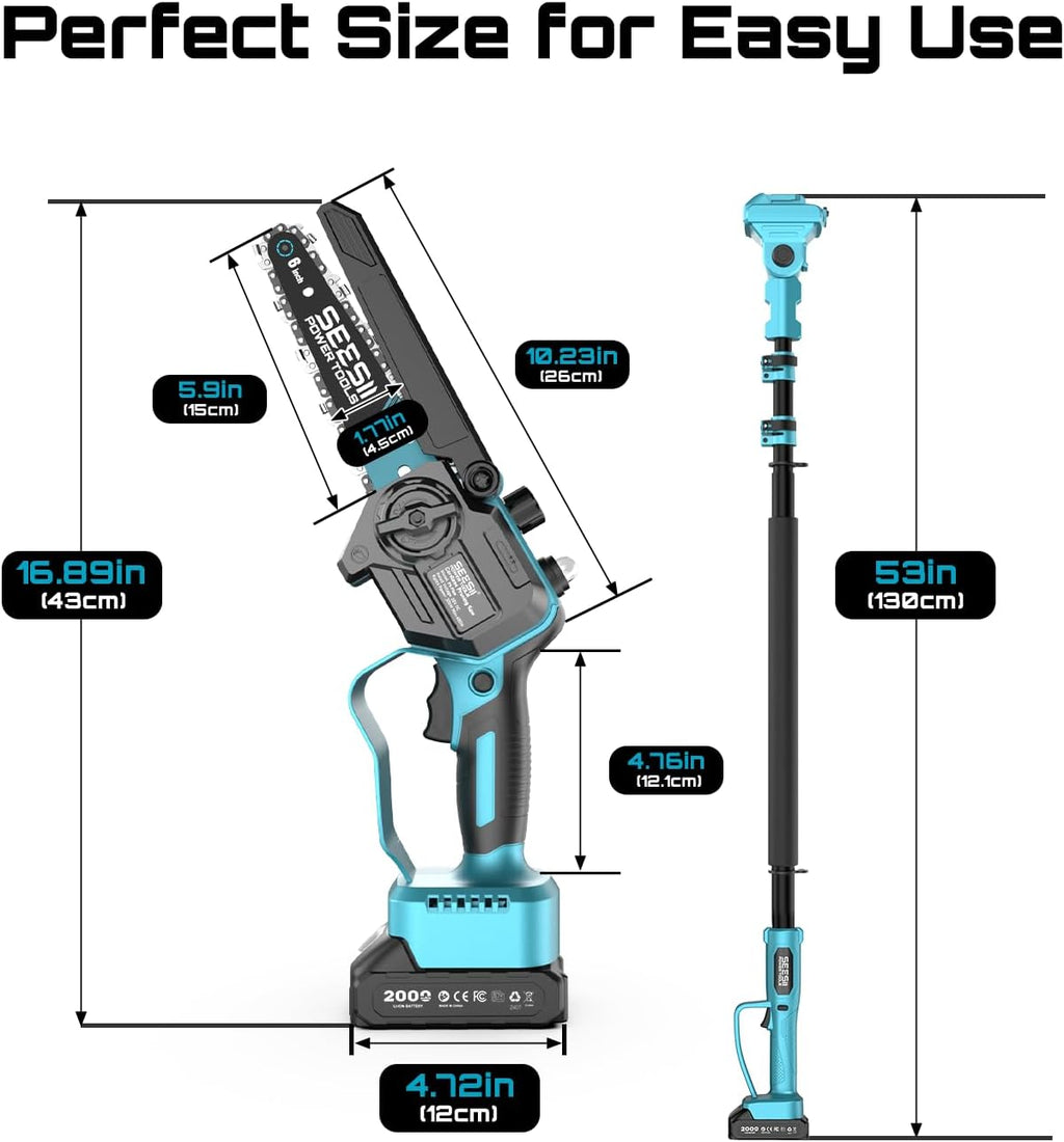 SEESII 2-in-1 Electric Pole Saws for Tree Trimming, 6 Inch Mini Chainsaw Cordless with Extension Pole, Battery Powered Pole Chain Saw, Tree Trimmer Limb Branch Cutter Pruner with 2 Battery PS600