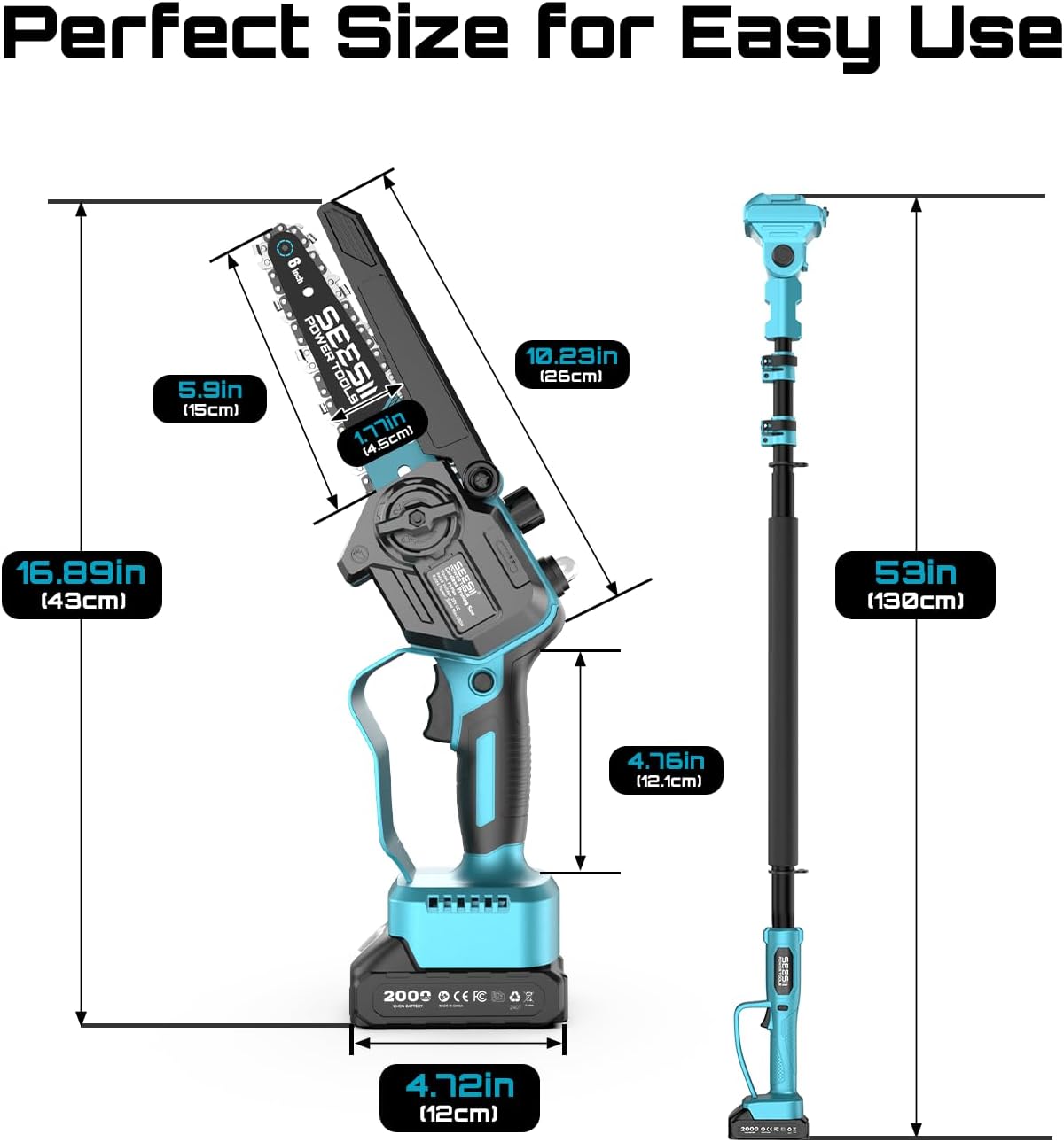 SEESII 2-in-1 Electric Pole Saws for Tree Trimming, 6 Inch Mini Chainsaw Cordless with Extension Pole, Battery Powered Pole Chain Saw, Tree Trimmer Limb Branch Cutter Pruner with 2 Battery PS600