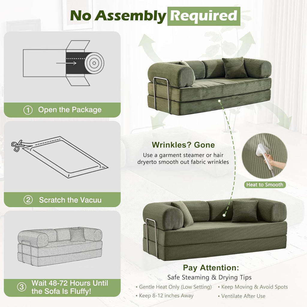 Sofa Bed, 79" Convertible Sleeper Sofa with Pull Out Bed, 5-in-1 Folding Corduroy Futon Couch, Modular Loveseat Sofa Bed for Living Room, Bedroom & Apartment, Green