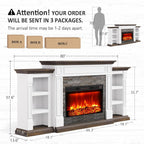 Naice 80" Electric Fireplace with Mantel and Cabinets, Fireplace TV Stand for Living Room Bedroom, Stacked Stone Surround and Remote Control 3D Realistic Flame, White&Brown