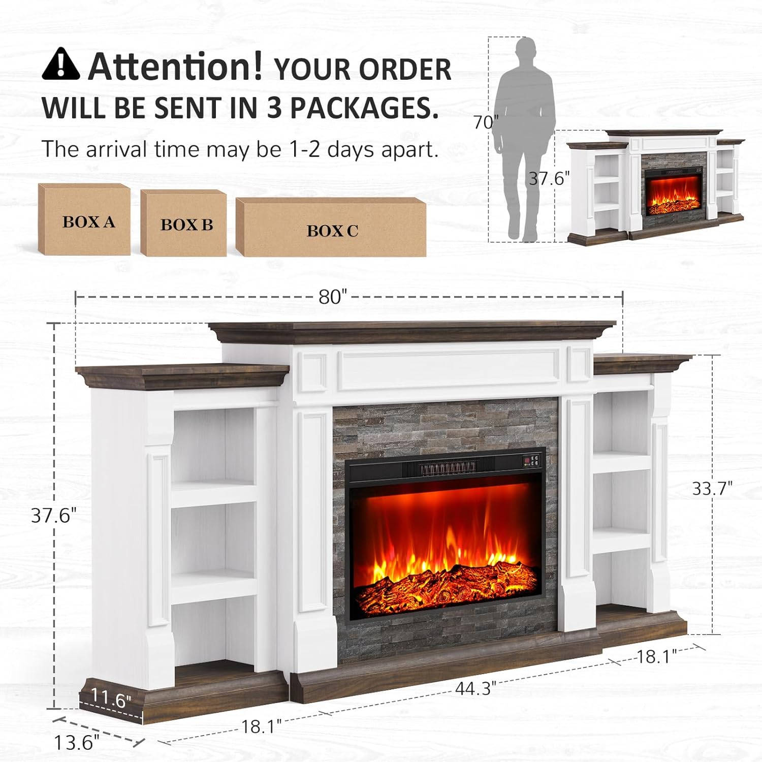 Naice 80" Electric Fireplace with Mantel and Cabinets, Fireplace TV Stand for Living Room Bedroom, Stacked Stone Surround and Remote Control 3D Realistic Flame, White&Brown