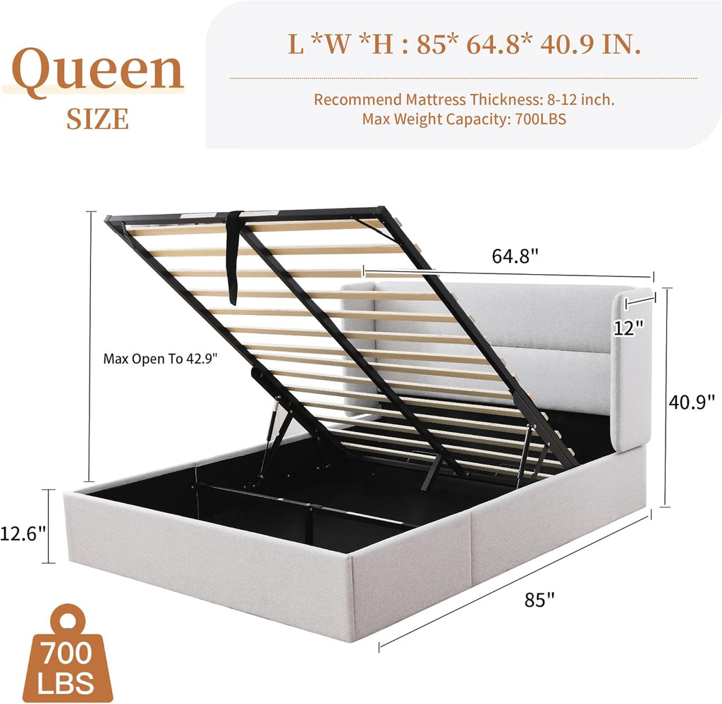 Queen Size Upholstered Platform Bed with Hydraulic, Bed Frame with Storage, Lift Up Storage Bed with Modern Linen Fabric Wingback, Wooden Slat, No Box Spring Needed, Easy Assembly, Off White