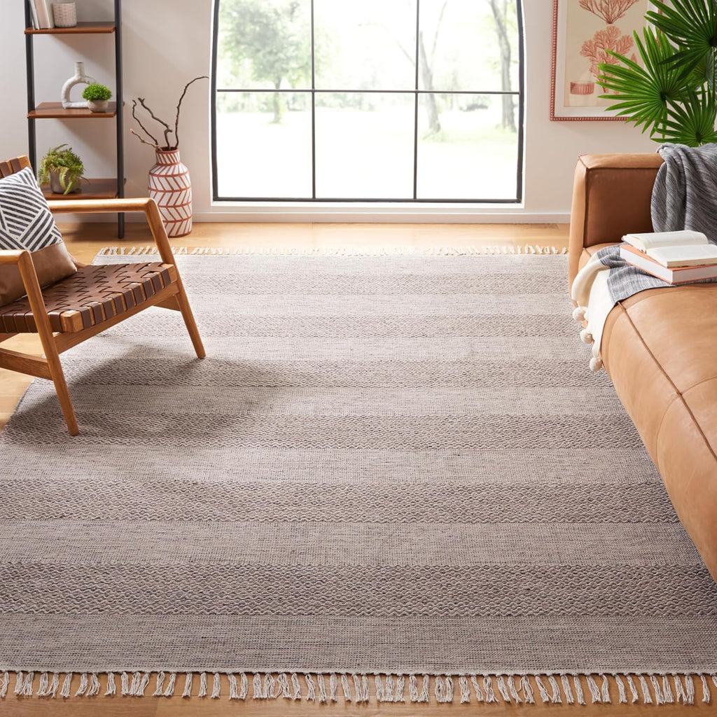 SAFAVIEH Montauk Collection Area Rug - 9' x 12', Ivory & Steel Grey, Handmade Flat Weave Boho Farmhouse Cotton Tassel Fringe, Ideal for High Traffic Areas in Living Room, Bedroom (MTK330M)