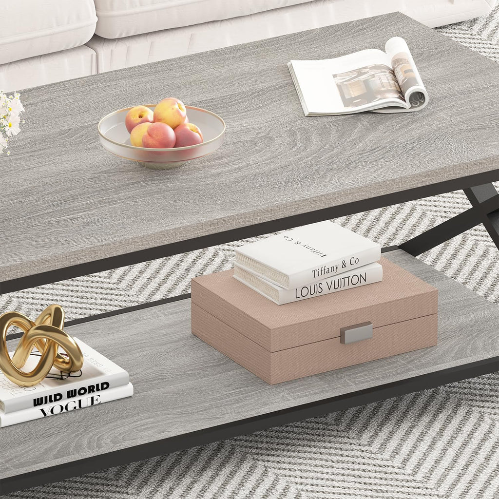 HSH Rustic Grey Coffee Table, Modern Minimalist Living Room Table with Storage Shelf, Industrial Simple Metal Wooden Center Table, 2 Tier Rectangle Cocktail Tea Table for Home Office Bedroom, 39 Inch