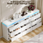 9 Drawer Dresser for Bedroom, 63" Long White Chest of Drawers with Charging Station & LED Lights, Curved Profile Design,Wooden Closet Storage Cabinet,Modern Dresser TV Stand with Deep Drawers
