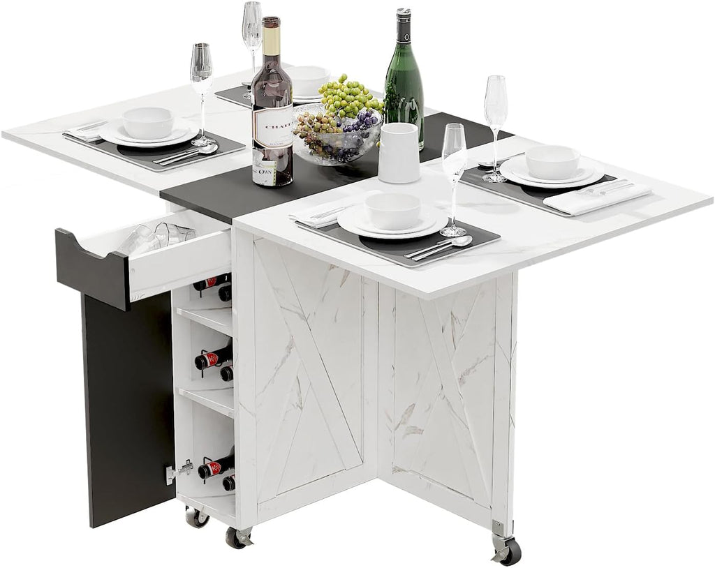 Space Saving Folding Dining Table with Drawer,3-Tier Wine Cooler Storage and 2-Layer Metal Storage Rack-Extendable Drop Leaf Farmhouse Wood Kitchen Dining Room Tables Set for 4 (White)
