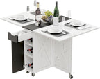 Space Saving Folding Dining Table with Drawer,3-Tier Wine Cooler Storage and 2-Layer Metal Storage Rack-Extendable Drop Leaf Farmhouse Wood Kitchen Dining Room Tables Set for 4 (White)