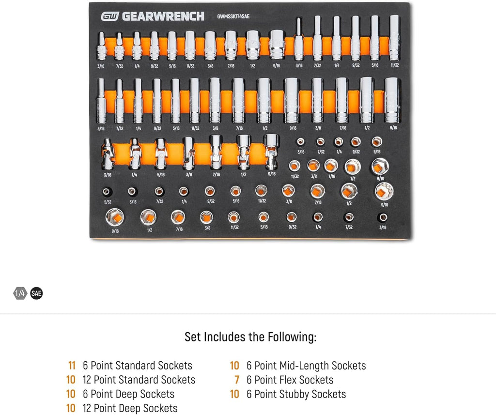 GEARWRENCH 68 Piece 1/4” Drive Master SAE Socket Set in Foam Storage Tray - GWMSSKT14SAE