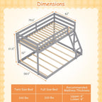 KOMFOTT Low Bunk Bed Twin Over Full, Solid Wood Twin Bed Frame with Built-in Ladder & Safety Guardrails, Space-Saving Low Bunk Bed for Kids, Teens, No Box Spring Needed