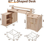 JXQTLINGMU 67" Modern L Shaped Desk with Storage Cabinet & Drawers, Wood Home Office Desk with Power Outlets, Fluted Computer Writing Desk, Natural Oak